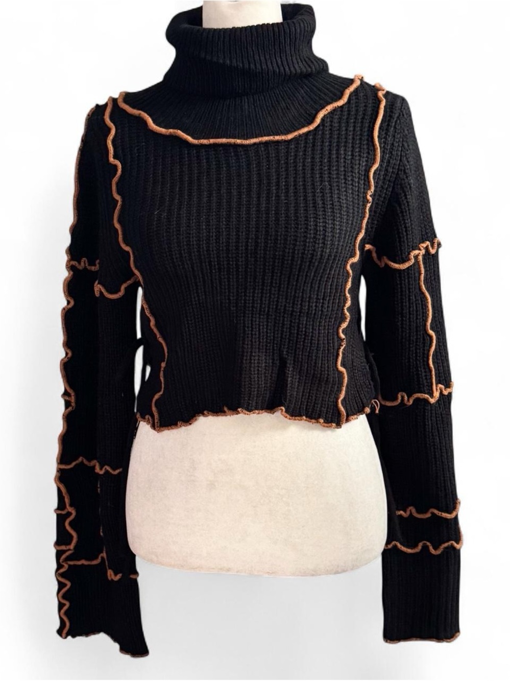 Beach Bunny Black Patchwork Cropped Turtleneck Sweater – Sz M – Raw Edge Seams